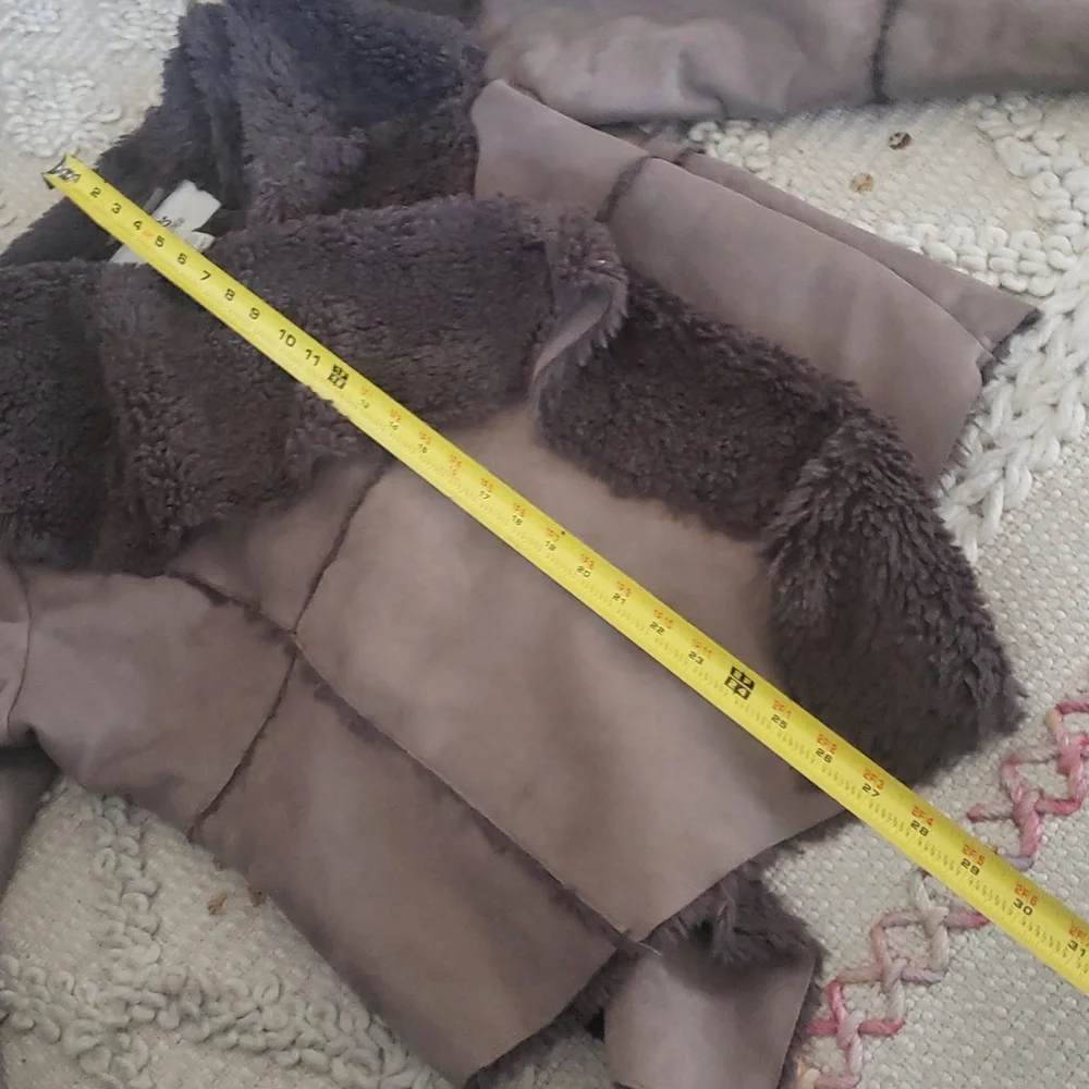Women’s Taupe Faux-Suede Asymmetrical Coat with Black Faux-Fur Trim - Picture 8 of 11